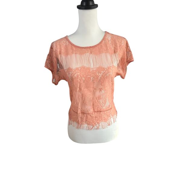 Poof Peach color Sheer top Short Sleeve Large - Picture 1 of 4